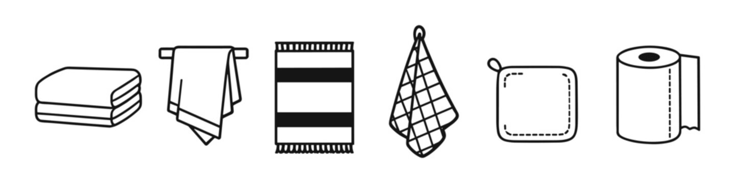 Collection of bathroom and kitchen textile icons with a clean, minimalist line art style