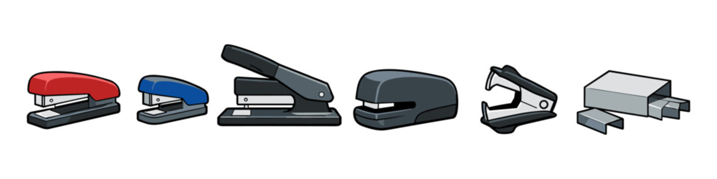 Collection of various staplers and staples in different colors and designs