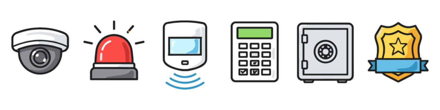 Security system icons: camera, siren, motion sensor, keypad, safe, and badge