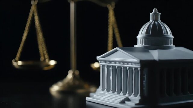 A miniature courthouse model with columns and dome beside a golden scale on a dark background