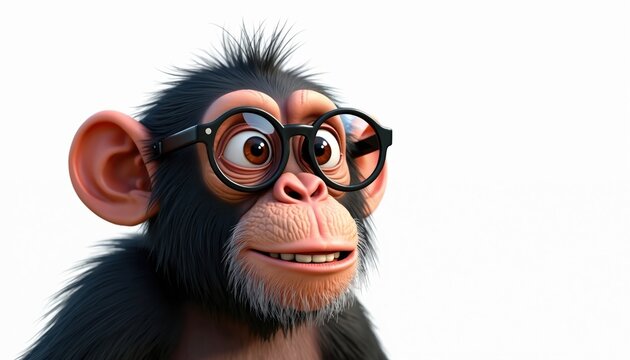 Funny chimpanzee wearing round glasses stares ahead. This smart ape has curious eyes and a slight smile. Primate character looks like a scientist or student.
