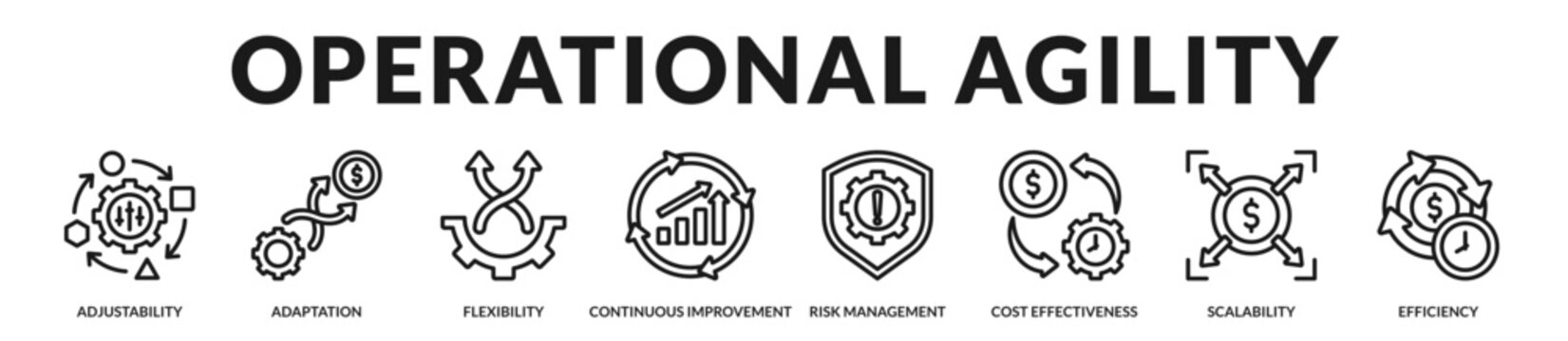 Operational agility banner emphasizing adaptive efficiency and resilient cost management strategy. in Lineal Icon Style