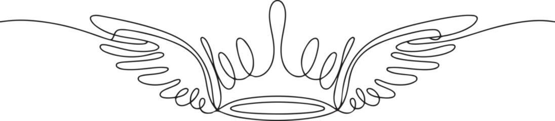 Obraz premium Continuous one line drawing crown with wings. Fantasy crown icon isolated on white. Royal, luxury, vip, first class sign. Winner award. Magic, fairytale girly symbol. one line Icon drawing