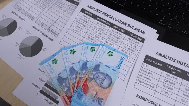 Close-up of Indonesian Rupiah Banknotes on Financial Documents