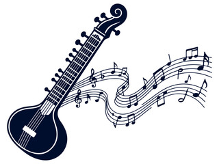 Stylized sitar illustration with flowing musical notes and staff lines