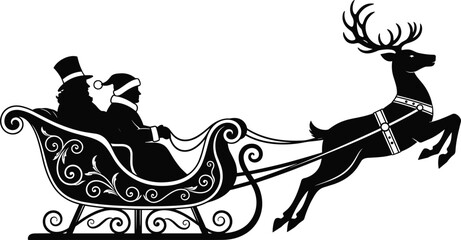 Christmas Santa Claus and elf riding a vintage reindeer sleigh silhouette, holiday winter celebration, cad drawing flat vector illustration, scene © MDMOHOBBAT