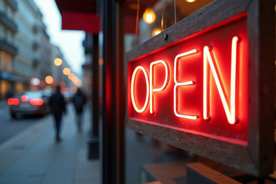 Open Sign In Retail Window. Business Invitation. Store Is Open