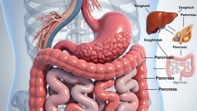 Human digestive system anatomy with labeled organs in abdominal cavity, educational diagram