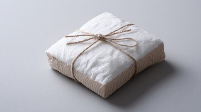 Wrapped parcel tied with string on neutral background