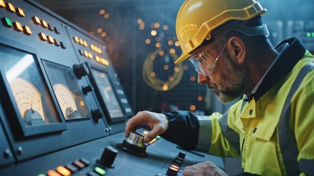 Industrial worker operates machine control panel. Engineer in helmet checks factory safety. Man worker turns dial on panel. Industrial engineer monitors machine. Factory worker controls process now.
