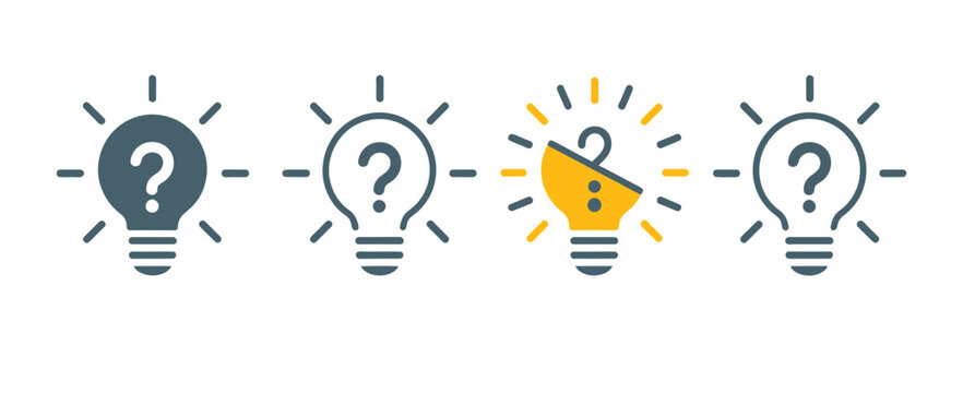Lightbulb icons with question marks and megaphone for ideas and communication