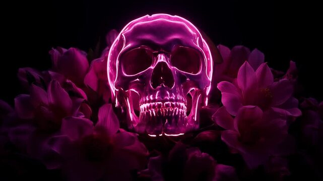 Neon pink glowing human skull surrounded by vibrant flowers on dark background, surreal cyberpunk aesthetic. Concept of life and death duality
