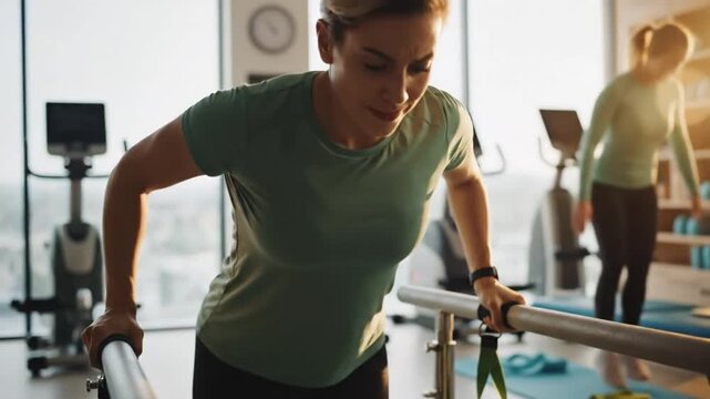 Focused woman struggles during exercise using parallel bars in a gym setting while working out