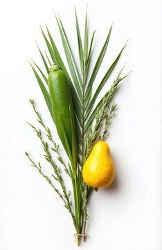 Four species for Jewish Sukkot festival, lulav with etrog, palm branch, myrtle, willow, isolated on white background. Religious holiday symbol, ritual object, autumn harvest celebration, tradition.