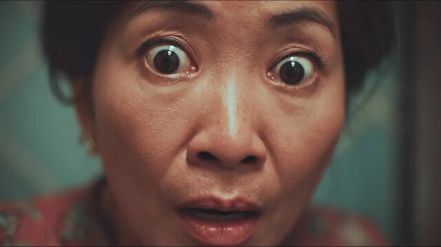 Close-up of a woman with wide eyes, expressing surprise and emotion, with a shimmery complexion in a softly lit environment