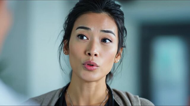 Close-up of a young woman with dark hair and natural makeup expressing concern in a professional environment