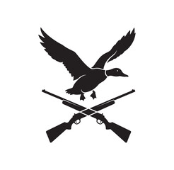 Black silhouette of a flying duck with crossed rifles below  hunting concept