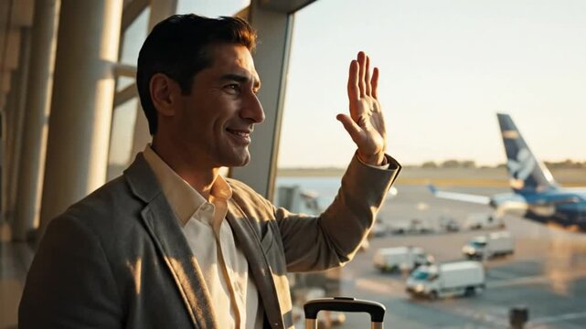 Smiling man waving goodbye from airport terminal window with airplanes in background during golden hour