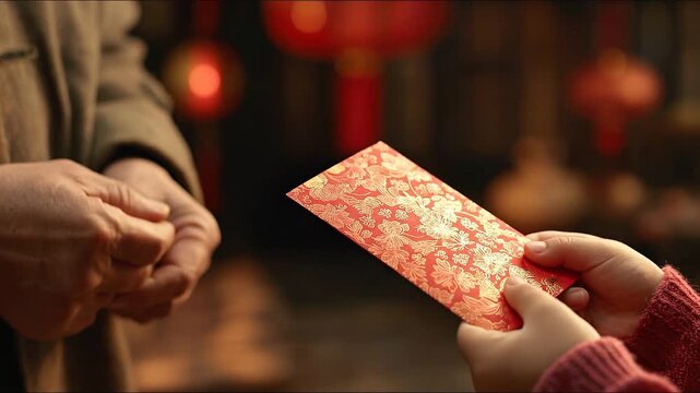 A close-up of hands exchanging a red envelope during a festive occasion, with warm ambient lighting and traditional decorations in the background