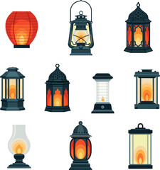 Collection Of Various Vintage And Modern Lanterns With Glowing Flames On White Background
