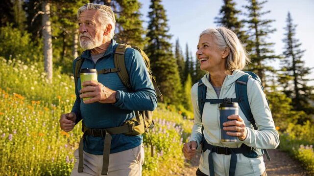 Longevity coffee hiking backpack senior man senior woman couple trail forest wildflower evergreen sunlight morning cup smiling