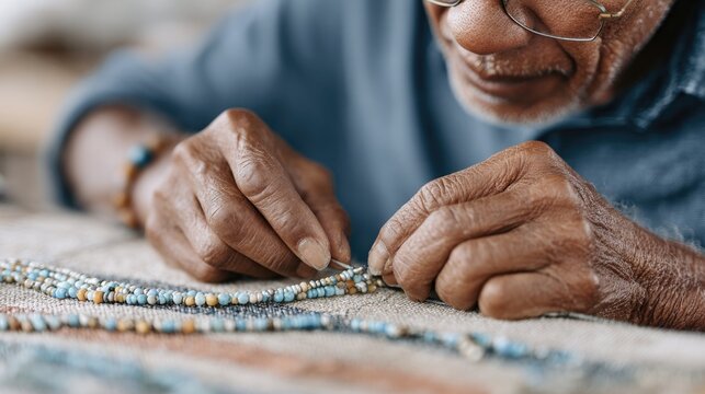 Skilled artisan meticulously crafting intricate beadwork with fo