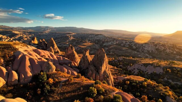 Epic aerial view of the Cappadocia landscape with unique rock formations and a vibrant sunset horizon