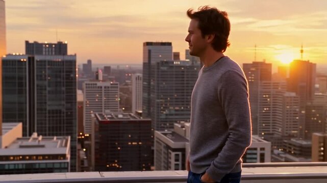 Young man standing on rooftop overlooking city skyline during sunset
