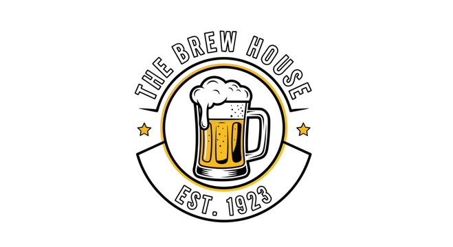 Vintage brew house emblem, depicting a frothy beer glass within a circular logo design