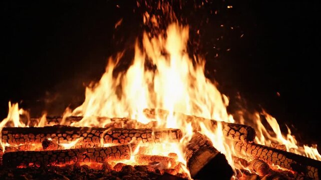 Large bonfire burning brightly at outdoor campsite at night with sparks in air