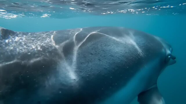 Underwater view of a manatee swimming gracefully in clear blue ocean water sunlight dappling its back.