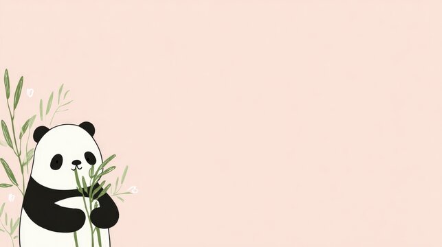 Charming panda munches bamboo against soft pink background, exud