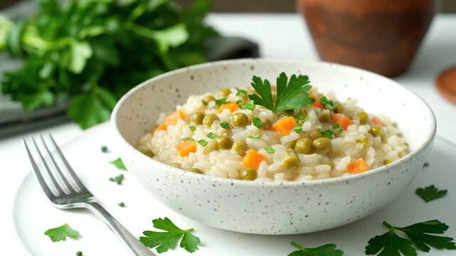 Creamy risotto with peas and carrots in a speckled bowl with herbs, fork, and white plate