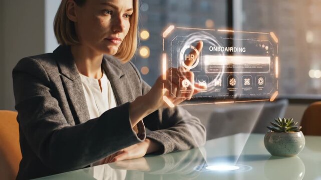 Businesswoman uses holographic interface for HR onboarding. Woman touches digital hologram screen with hand. HR manager analyzes onboarding data on interface. Future hologram tech for HR onboarding