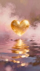 Fototapeta premium Golden heart floating above water. Semi-realistic scene emphasizing reflections, soft ripples, and a luxurious, serene atmosphere with warm glowing light. 