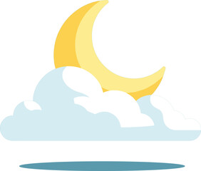 Obraz premium Yellow Crescent Moon Behind Light Blue Clouds At Night With Shadow Reflection