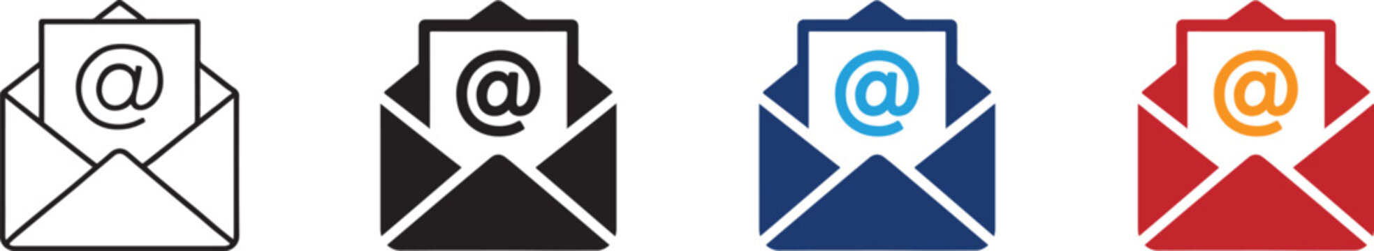 Email message icon with envelope and at symbol. Digital contact sign.