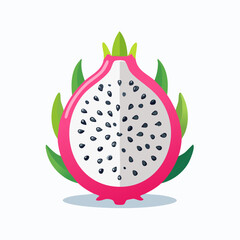 Dragon Fruit Delight: A vibrant illustration showcases a halved dragon fruit, revealing its contrasting textures and enticing flavors, set against fresh green leaves.