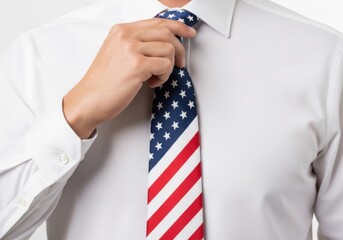 Man in white shirt adjusting his american flag tie, isolated on white background