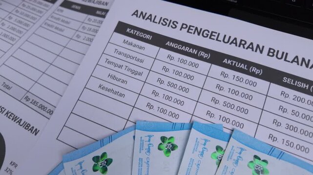 Close-up of Indonesian Rupiah Banknotes on Financial Documents
