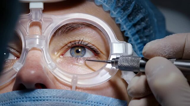 Doctor performs eye surgery on patient in clinic. Medical instrument touches open eye during operation. Surgeon hand holds tool near patient eye. Eye surgery corrects vision. Medical operation.