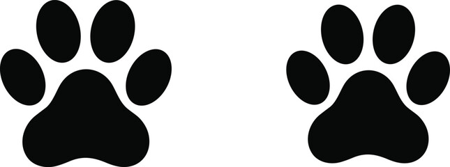 Two identical black paw print icons side by side, symmetrical design with central pad and four toes, pet wildlife vector illustration © Rounok