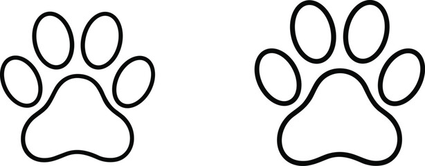 Two identical black paw prints side by side, outlined design with central pad and oval toes, pet wildlife vector illustration icon © Rounok