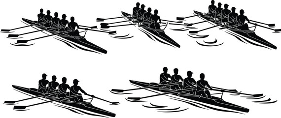 Black silhouette set of rowing teams in boats with oars competing on water for sports, teamwork, fitness, regatta competition and outdoor activity conceptsvv © Monjurul