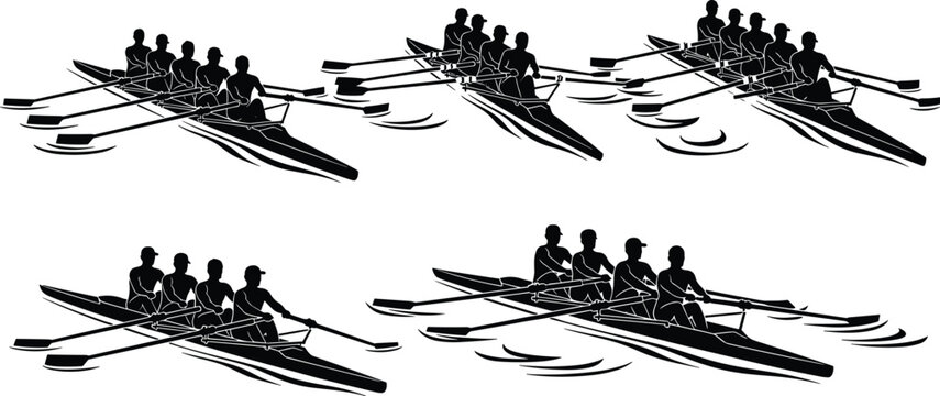 Black silhouette set of rowing teams in boats with oars competing on water for sports, teamwork, fitness, regatta competition and outdoor activity conceptsvv