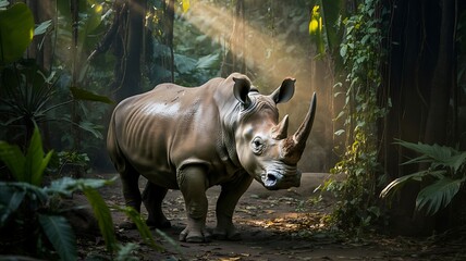 Majestic rhinoceros standing proud in lush jungle with sunlight photo
