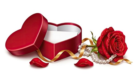 Red heart-shaped gift box with a rose, pearls, and rose petals on a white background