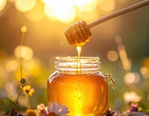 Golden Honey Dripping From Wooden Dipper Into Glass Jar Amidst Sunlit Meadow With Wildflowers At Sunrise