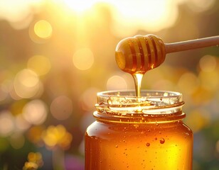 Golden Honey Dripping From Dipper Into Glass Jar Illuminated by Warm Sunset Light with Soft Bokeh Background