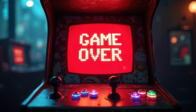 Vintage arcade machine shows game over screen with glowing red lights and joysticks. Old school gaming console displays end of play. Nostalgic recreation in dimly lit room.
